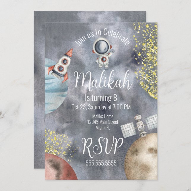 Convite Festa de aniversário do Astronauta da Galáxia do E (Frente/Verso)