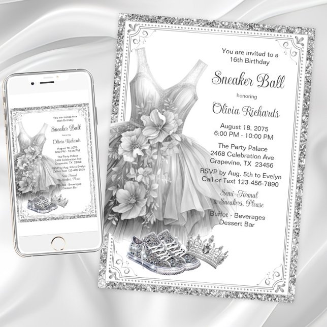 Convite Festa de Aniversário do Baile de Sneaker Brilhante (Girl beautiful sneaker ball invitation. Instant download and printed invitations available.)