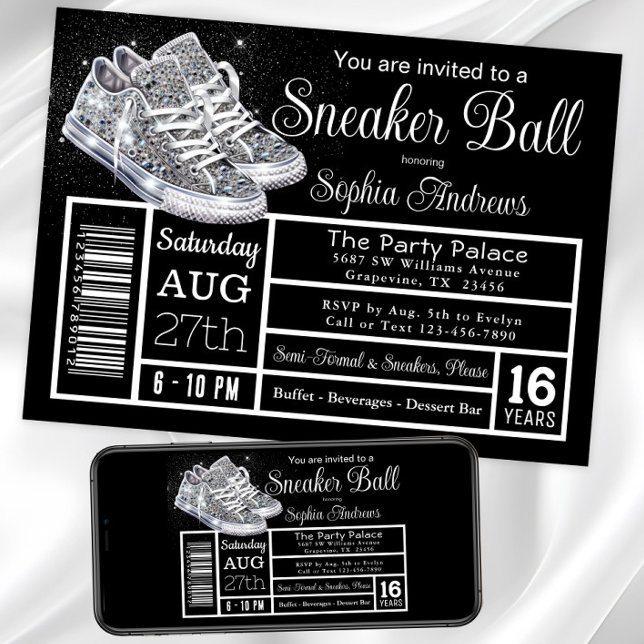 Convite Festa de Aniversário do Baile de Sneaker Diamante (Diamond sneakers sneaker ball invitation. Instant download and printed invitations available.)