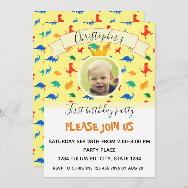 Convite Festa de aniversário do bebê dinossauro (Frente/Verso)