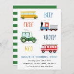 Convite Festa de aniversário do Beep Vroom Woo Trator Kid<br><div class="desc">Um convite de aniversário de criança com trem,  caminhão de bombeiros,  trator e ônibus escolar.</div>