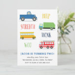 Convite Festa de aniversário do Beep Vroom Woo Truck Kid<br><div class="desc">Um convite de aniversário de criança com trem,  caminhão de bombeiros,  caminhão e ônibus escolar.</div>