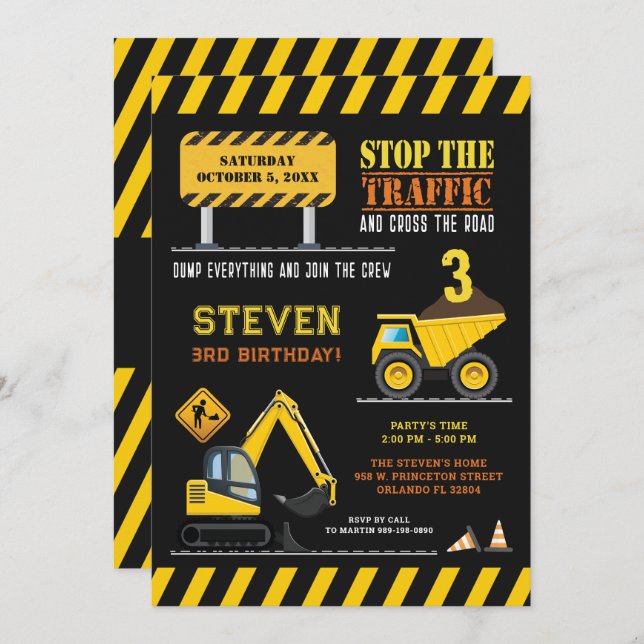 Convite Festa de Aniversário do Caminhão de Construção em  (Frente/Verso)