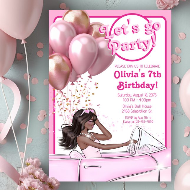 Convite Festa de Aniversário do Carro da Boneca de Moda Ro (Cute pink doll in car any number birthday party invitation. Simply add your event details.)