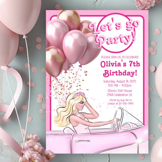 Convite Festa de Aniversário do Carro de Boneca Rosa (Cute pink doll in car any number birthday invitation. Simply add your event details.)