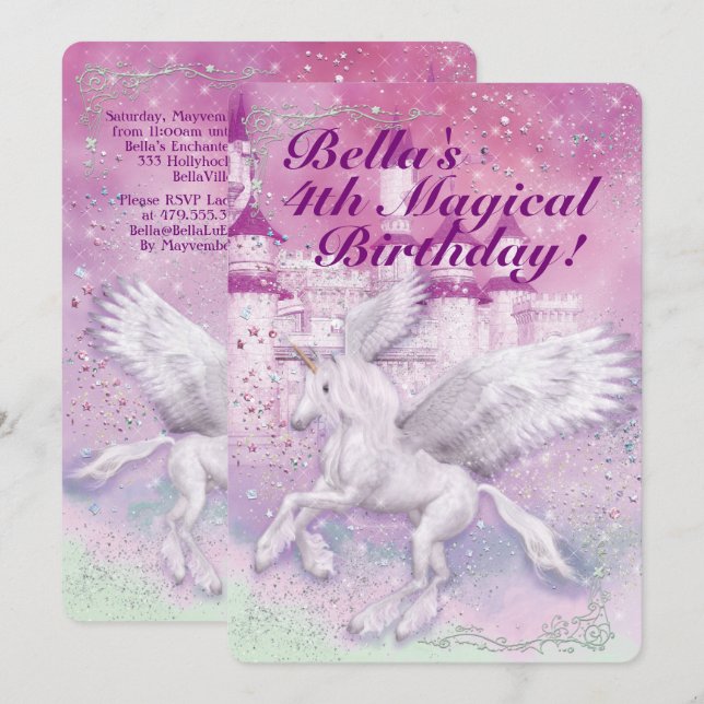 Convite Festa de aniversário do Castelo de Unicorn Fantasy (Frente/Verso)