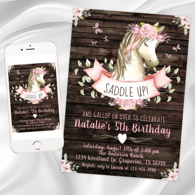 Convite Festa de Aniversário do Cavalo Doce (Girl horse birthday party invitation with horse, flowers, butterflies. Digital and print available.)