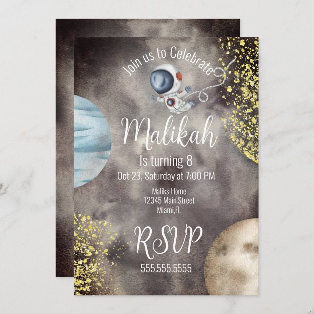 Convite Festa de aniversário do Céu do Planeta de Galáxia  (Frente/Verso)