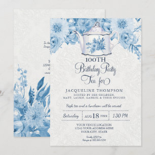 Convite Festa de Aniversário do Chá Dusty Blue Floral Teap