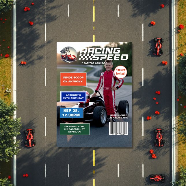 Convite Festa de aniversário do Cobrir da Revista de Veloc (Racing Speed Magazine Cover Birthday Party Invitation)