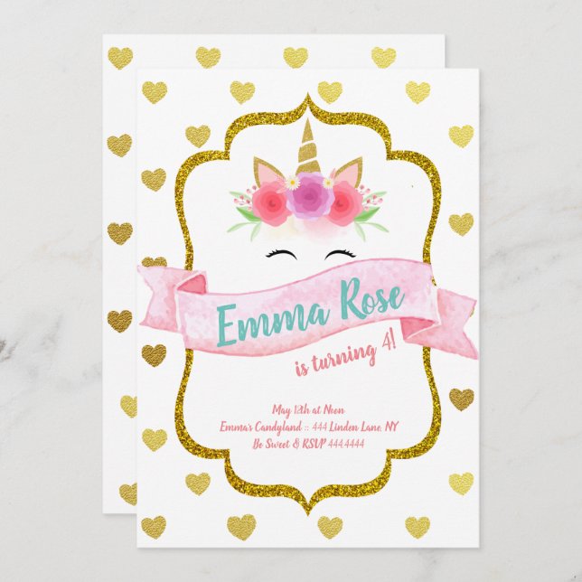 Convite Festa de aniversário do Coração Unicorn (Frente/Verso)