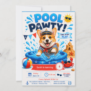Convite Festa de Aniversário do Corgi na Piscina - Capitão