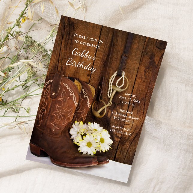 Convite Festa de aniversário do Cowboy Boots and Daisies C (Criador carregado)