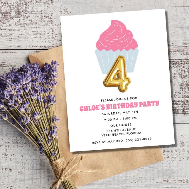 Convite Festa de Aniversário do Cupcake 4 (Girl Cupcake 4th Birthday Party Invitation)
