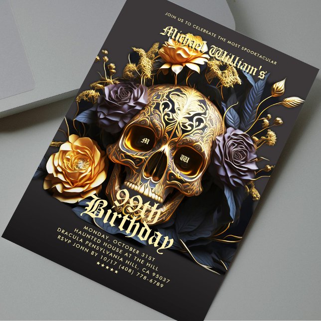 Convite Festa de aniversário do Dia das Bruxas Moderna - D (Modern Halloween Birthday Party Black Gold Skull Invitation
)
