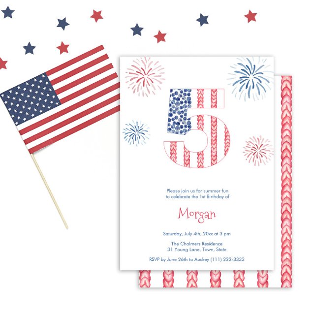 Convite Festa de aniversário do Dia de Memória do Firecrac (Summer fun red white and blue 5th birthday party invite featuring watercolor firework bursts)