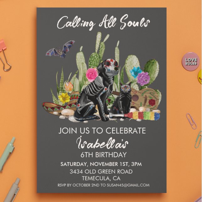 Convite Festa de Aniversário do Dia dos Mortos em Aquarela (Criador carregado)