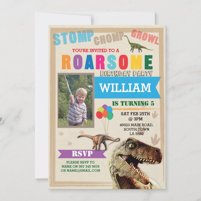 Convite Festa de aniversário do Dinossaur Dig T-Rex Foto C (Frente)