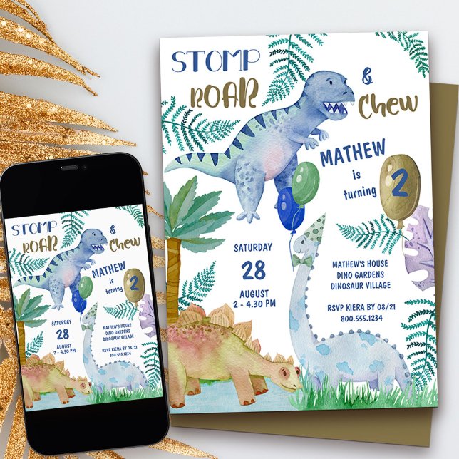 Convite Festa de aniversário do Dinossaur Stomp Roar e Mas (2nd birthday dinosaur invitation with personalized stomp roar and chew rhyme)