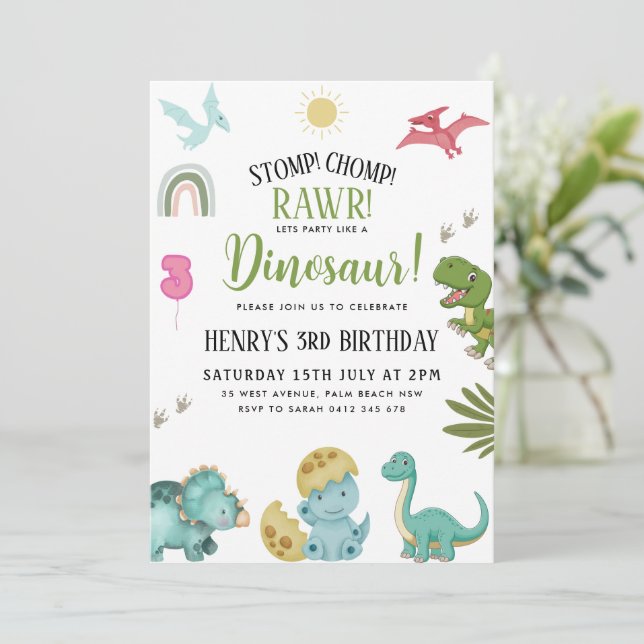 Convite Festa de aniversário do dinossauro (Em pé/Frente)