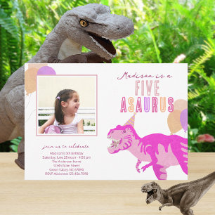 Convite Festa de Aniversário do Dinossauro T-Rex Rosa Qual