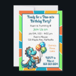 Convite Festa de aniversário do Dinossauro Temed Kid<br><div class="desc">Convites de festas de aniversários Adoráveis de Menino Personalizado. O tema do dinossauro bonito em azul,  laranja e verde. Dinossauros bonitos de desenho animado segurando balões e bolo de aniversário.</div>