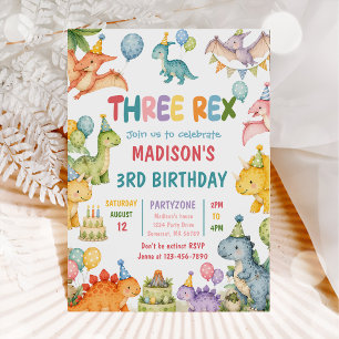 Convite Festa de Aniversário do Dinossauro Três Rex 3 anos