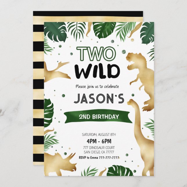 Convite Festa de aniversário do Dinossauro Verde e Dourada (Frente/Verso)