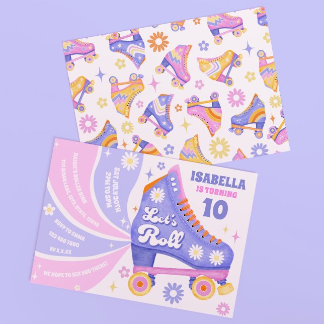 Convite Festa de aniversário do Disco de Rastreamento do C (Let's roll on into the party with this fun and bright purple themed roller skate invitation!)