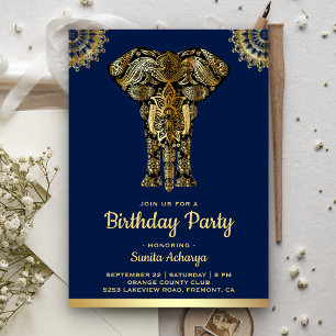 Convite Festa de Aniversário do Elefante Azul Dourado Indi