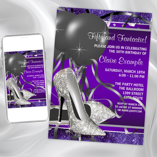 Convite Festa de Aniversário do Elegante Purple High Heels (Purple silver shoe any event invitation. Instant download and printed invitations available.)