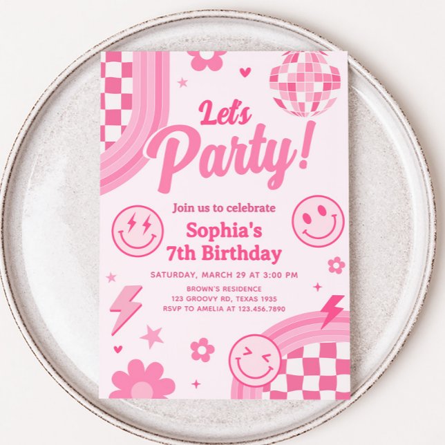 Convite Festa de aniversário do entalhe retrorreflector ro (Pink Retro Groovy Let's Party Birthday Party Invitation)