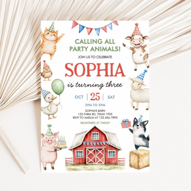 Convite Festa de aniversário do estaleiro (Farm Animals Red Barnyard Birthday Party Invitation)