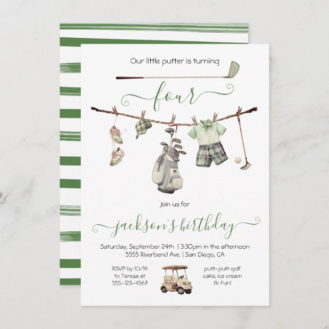 Convite Festa de aniversário do Garoto de Golfe de Pré-Pap (Frente/Verso)