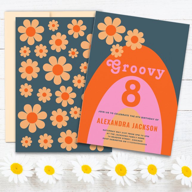 Convite Festa de aniversário do Groovy Retro (Groovy 8 retro daisy arch navy blue orange pink 8th birthday party invitation &amp; groovy typography )