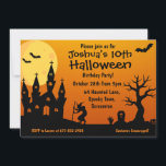 Convite Festa de aniversário do Halloween Kid<br><div class="desc">Personalize o cartão de Convite de aniversário de Halloween deste miúdo com os seus próprios detalhes. O cartão tem um fundo cor de laranja com caracteres de Halloween em silhueta preta.</div>