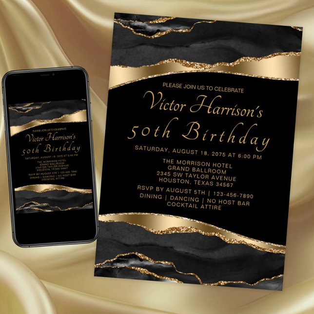 Convite Festa de Aniversário do Homem com Ágata Dourada  (Black and gold any event invitation. Instant download and printed invitations available.)