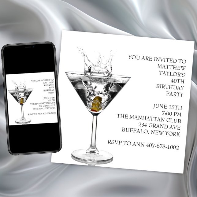 Convite Festa de Aniversário do Homem com Copo de Martini (Martini Glass Mans Birthday Party Invitation. Martini invitation for any event or occasion.)