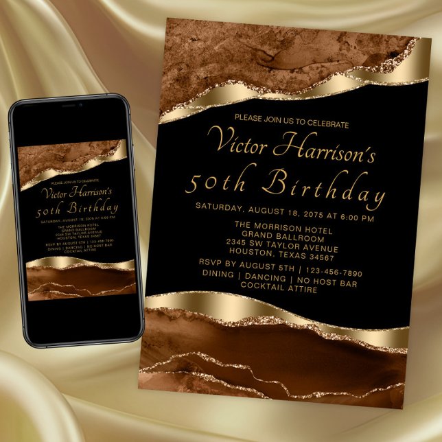 Convite Festa de Aniversário do Homem Marrom Preto Dourado (Brown gold any occasion invitation. Instant download and printed invitations available.)