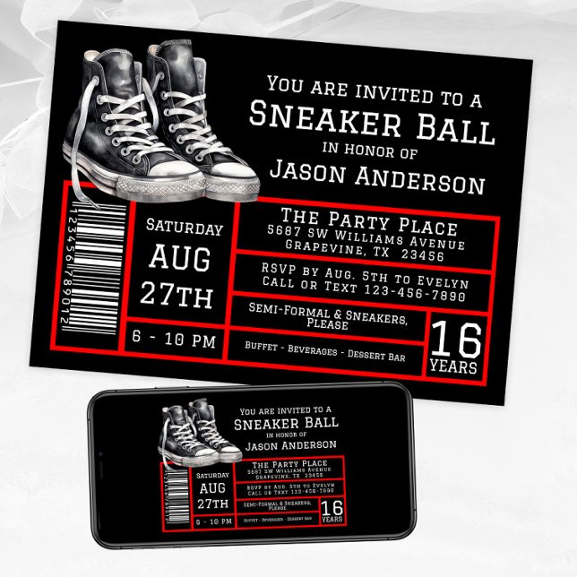 Convite Festa de Aniversário do Jantar de Tênis Preto e Ve (Boy red black sneaker ball invitations shoe label style. Available for instant download and print.)