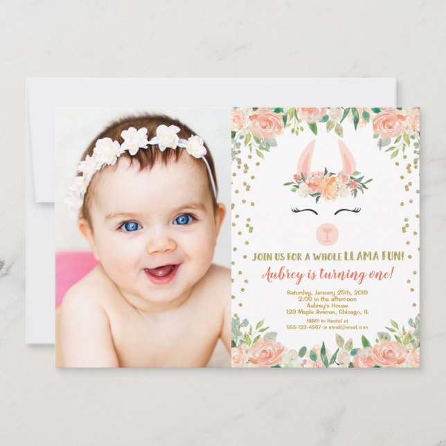 Convite Festa de aniversário do lama, foto bonito floral (Frente)