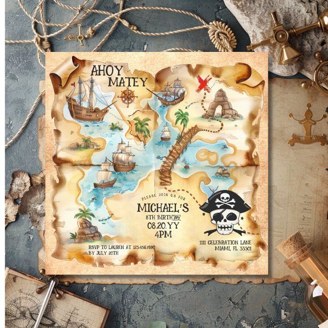 Convite Festa de aniversário do mapa do tesouro de Pirata (Pirate Themed Treasure Map Birthday Party Invitation)