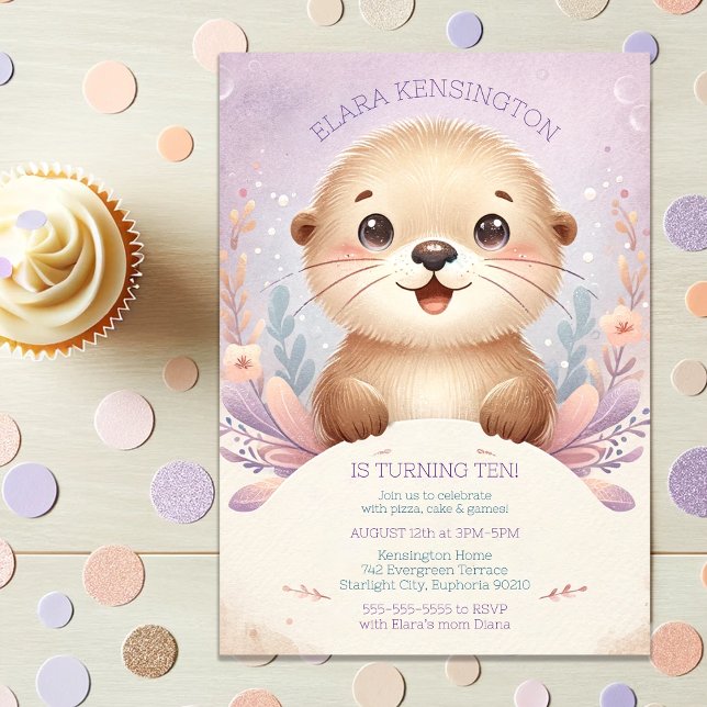 Convite Festa de Aniversário do Mar Lilac com Tarte (Children's Lilac Sea Otter Cute Birthday Party Invitation
)