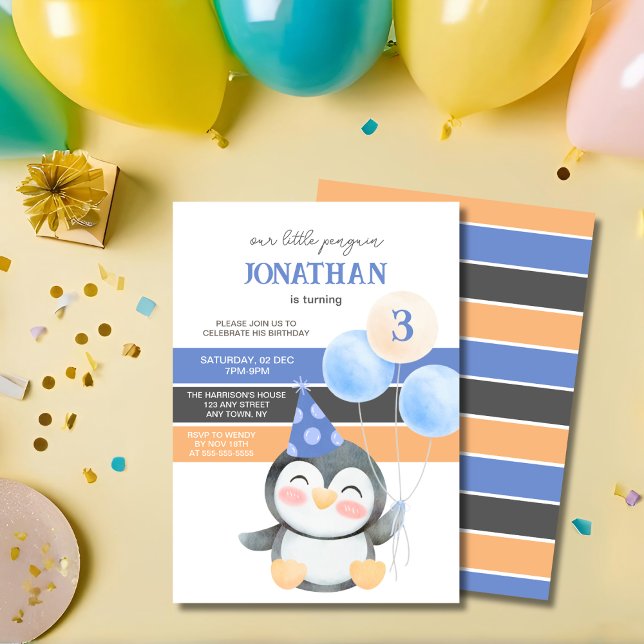 Convite Festa de Aniversário do Menino Balão de Pinguim Fo (Criador carregado)