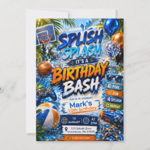 Convite Festa de Aniversário do Menino Splash na Piscina d