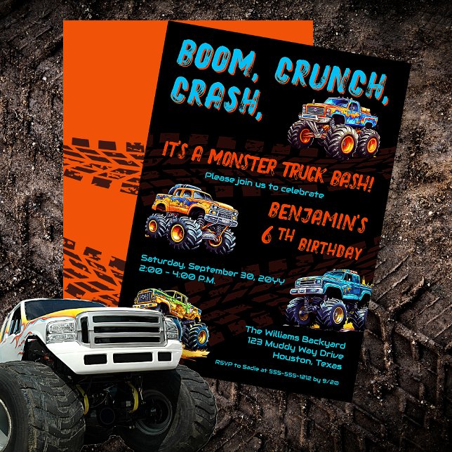 Convite Festa de aniversário do Monster Truck Bash Boy ("Boom, Crunch, Crash, It's A Monster Truck Bash" Boy's 6th Birthday Party Invitation)