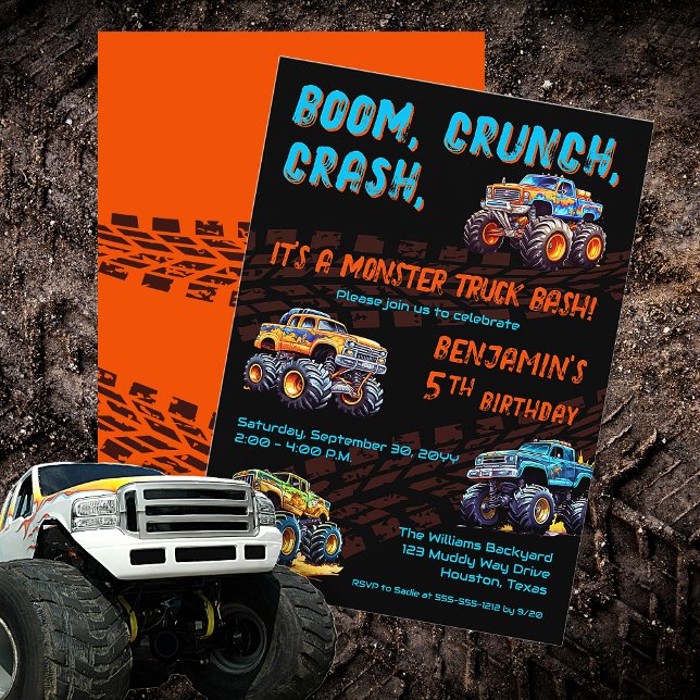 Convite Festa de aniversário do Monster Truck Bash Boy ("Boom, Crunch, Crash, It's A Monster Truck Bash" Boy's 5th Birthday Party Invitation)