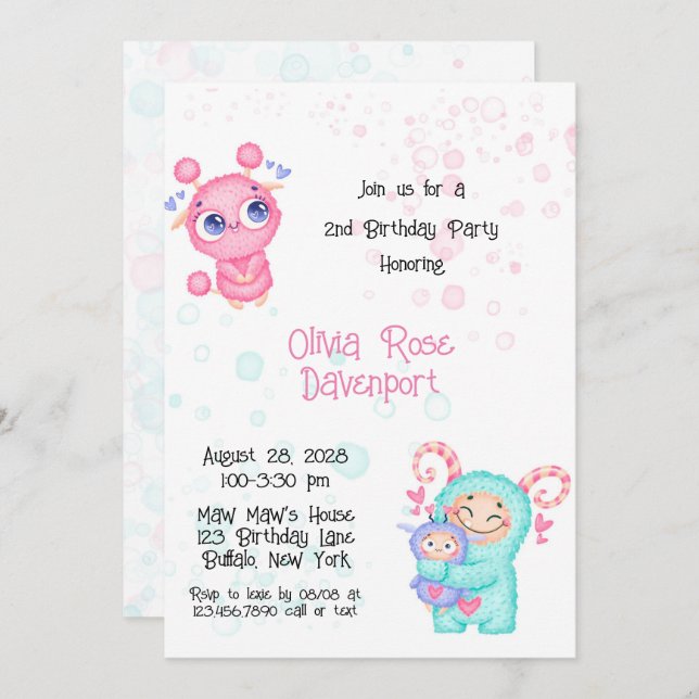 Convite Festa de aniversário do Monstro da Garota Bonita (Frente/Verso)