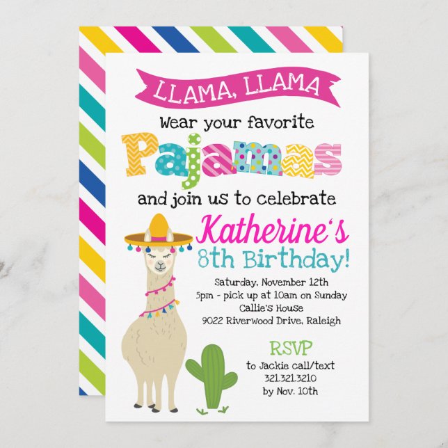 Convite Festa de aniversário do pijama do lama (Frente/Verso)