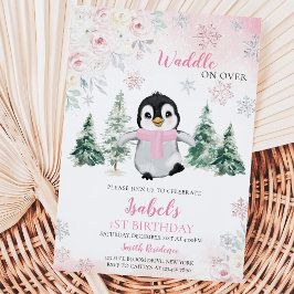 Convite Festa de Aniversário do Pinguim de Inverno Rosa